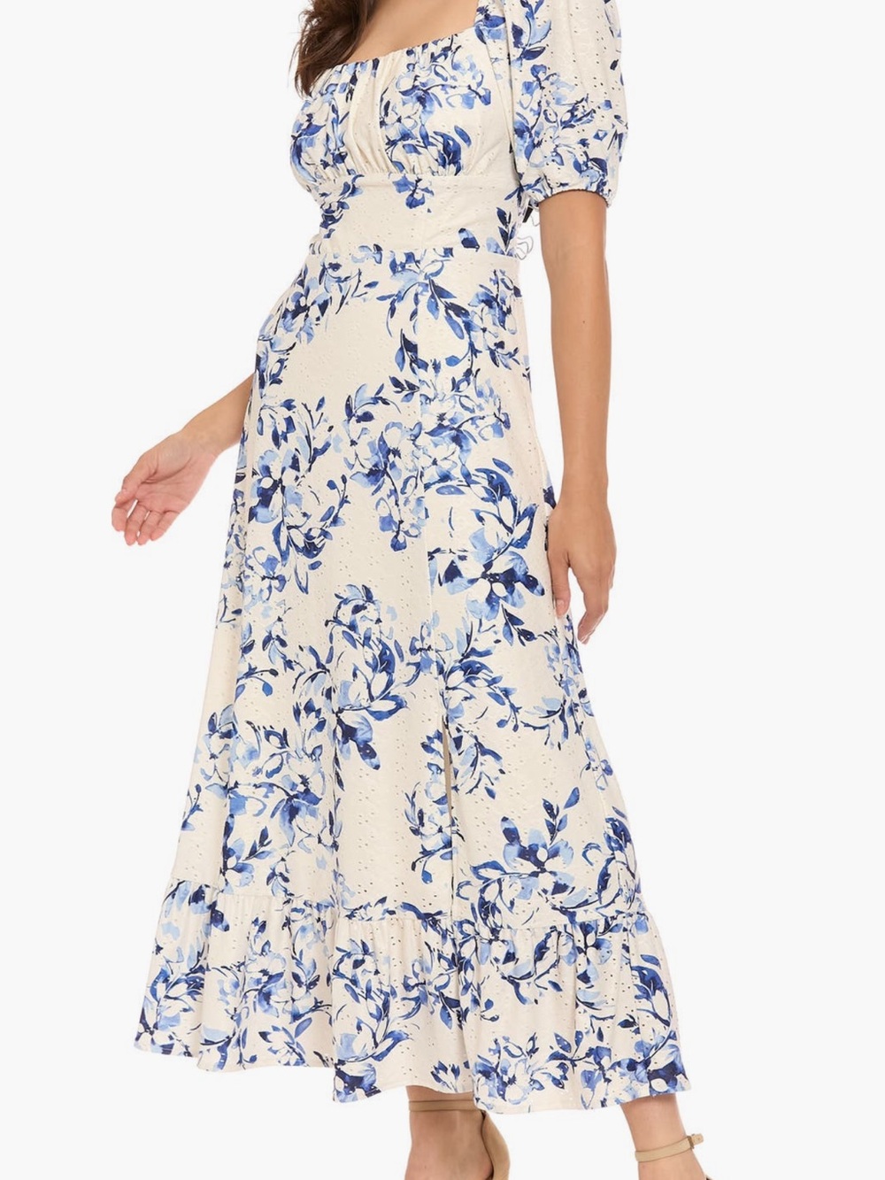 London Times Cream Midi Dress with Blue Floral Print